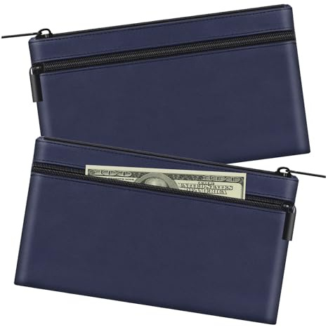 HAUTOCO 2 Stück Geldtaschen Banktasche, PU-Leder Zwei Taschen Geldmappe mit Reißverschluss für A5 Dokumententasche Geldscheintasche, Banktasche 28 x 15.5 cm für Geschäftlich Haushalt, Dunkelblau