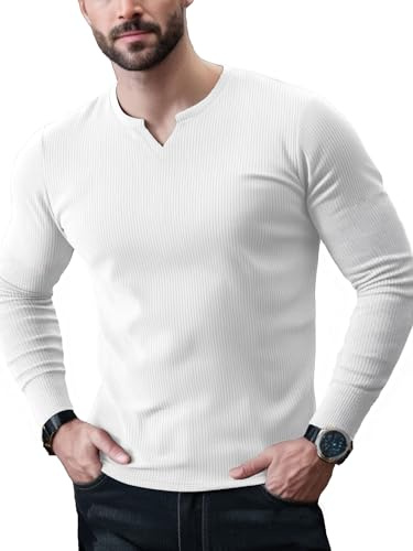 Yewloch Kortärmad och långärmad tröja med V-ringning, sport casual t-shirt, slim fit bastoppar, stretch muskelskjortor, affärsundertröjor, Vit, XXL