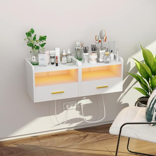 HaodaCulture Nachttisch 2er Set Hängend, Wandmontage, Offenes Fach Und Einer Schublade, 2 USB Anschlüsse, 2 Steckdosen