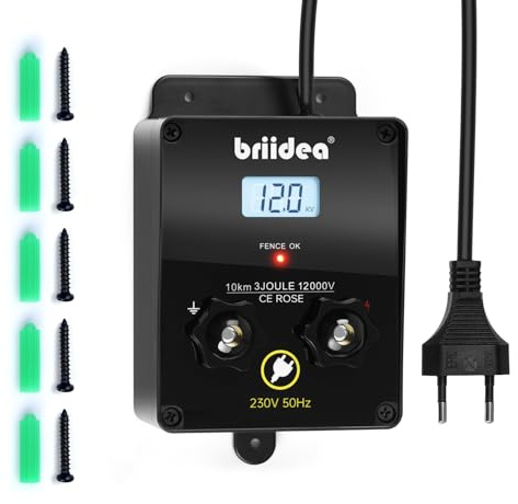 230V Weidezaungerät mit LCD-Anzeige, Briidea 12.000 V 3 Joule Elektrischer Zaunladegerät, 10 km Reichweite, Sicherer und Effektiver Tierschutz für Nutztiere, Garten und Weide