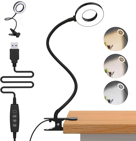 OLVEX - Lampara LED 3 Tonos y 10 Niveles de Brillo - Flexo LED Escritorio con Pinza - Adecuado Para Viajes de Lectura Nocturna, Dormitorios, Libros de Oficina - Luz Escritorio con Pinza - Luz 360º.