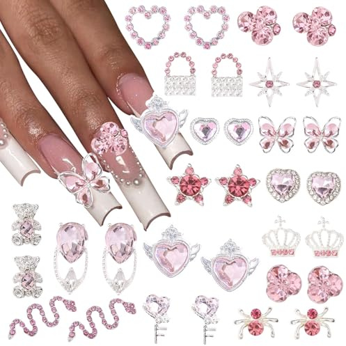 CharmeFleur 32 pièces Nail charms Y2k alliage Nail art Strass charms 3D cœur étoile serpent avec strass cerise bijou pierre décoration accessoires