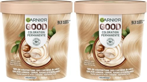 Garnier - Coloración permanente del cabello – Sin amoniaco – 90% ingredientes naturales – Manteca de karité – 100% cobertura para cabello blanco – Good Bond Light Vanilla 9.1 (Paquete de 2)