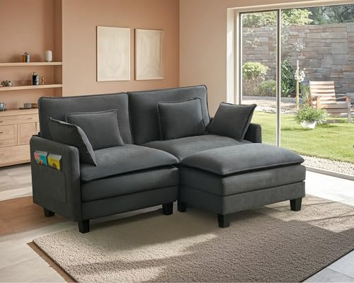 ZRNINR L-förmiges modulares Ecksofa mit Ottomane, 3-Sitzer-Sofa mit tiefer Sitzfläche, bequemes Wolkensofa mit Kissen, modernes Sofa für Wohnzimmer, Schlafzimmer, Wohnung, Büro (194CM, Dunkelgrau)