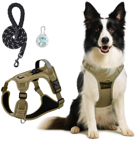 Harnais Chien, Wefaly Harnais Anti Traction pour Chien avec Poignée Contrôl Facile à Mettre Souple Respirant Réfléchissant Réglable Harnet (Vert armée)