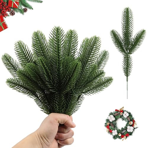 sitengjun 50 Pezzi Rami di Abete Artificiale Finti,Ramo di Abete in Plastica Artificiale,Rami di Pino Artificiale,Decorazione Natalizia Fai Da Te Ramo di Pino Natalizio per Corona(26 cm)