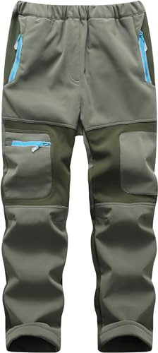 Mnking Kinder Softshellhose Skihose Gefüttert Wasserdicht Thermohose Warm Winter Winddicht Schneehose Wanderhose für Jungen Mädchen KZ6056-Armygreen-152-158