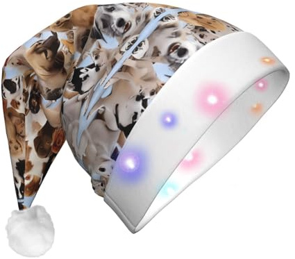 GUHAOT Weihnachtsmütze mit niedlichem Hunde-Druck, LED-Weihnachtsmannmütze, 3 Modi, beleuchtete Weihnachts-Kopfbedeckung, Weihnachts-Kostüm, Party-Kappe