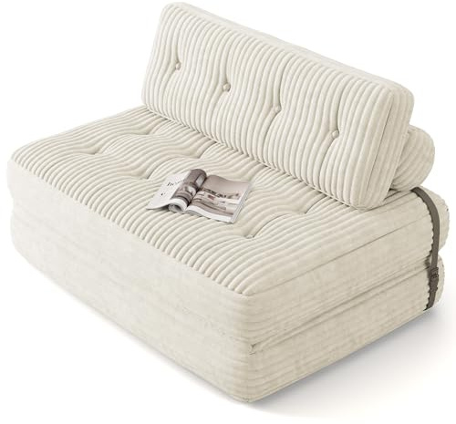 Xbro Sofá Cama Plegable 2 Plazas, Sofá Convertible en Cama Sin Montaje, para Huéspedes y Espacios Pequeños, Tela de Pana con Relleno de Espuma, 180×130 cm (Blanco)