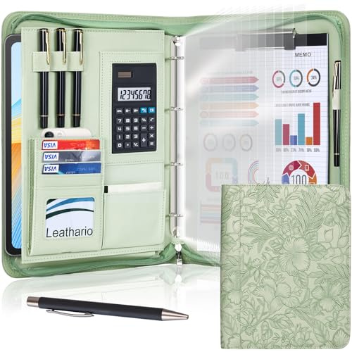 Leathario Konferenzmappe a4 mit Reißverschluss,Schreibmappe a4 mit 10 Dokumentenhüllen,Business Arbeitsmappe mit 4 Ringbuch，Veganes Leder Mappe für Meetings,Behördengänge,Studium,Bewerbungsgespräche