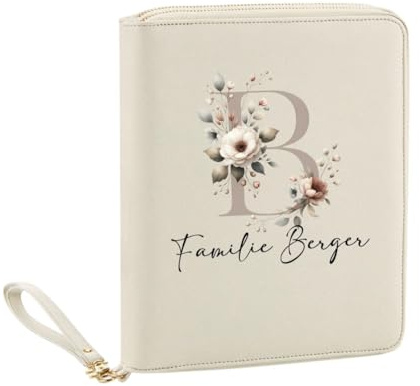 AWASG Personalisierter Organizer Familie mit Name personalisiert, Familienorganizer Reisemappe Dokumententasche, Reisepasshülle Family Buchstabe Blumen, Beige