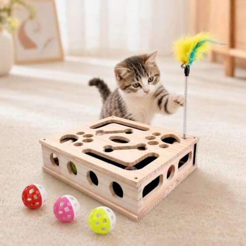 Juguetes para Gatos Interactivos 2 en 1 Caja de Empleo Gatos con Rascador de Papel Lija Rompecabezas de Madera Pelotas Juguete Pluma, Accesorios para Gatos de Interior