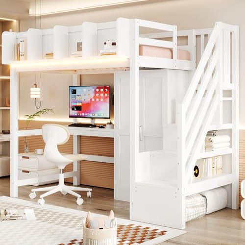 Xwiny Multifunktionales Hochbett 90x200 cm mit LED-Beleuchtung und USB-Anschlüsse, Kinderbett mit Treppe Stauraum und Schreibtisch, Holzbett mit Kleiderschrank, Weiß-A(Ohne Matratze)