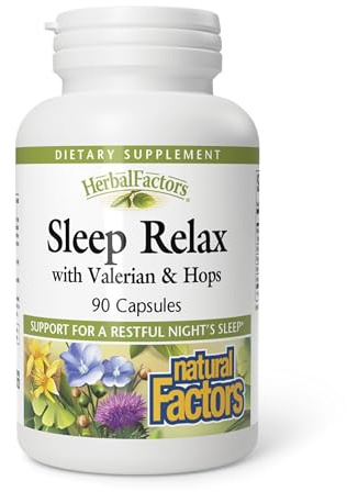 Herbal Factors Sleep Relax Formula by Natural Factors, Natural Sleep Aid with Valerian Root, Passion Flower and Skullcap, Non-GMO, 90 capsules (90 servings)