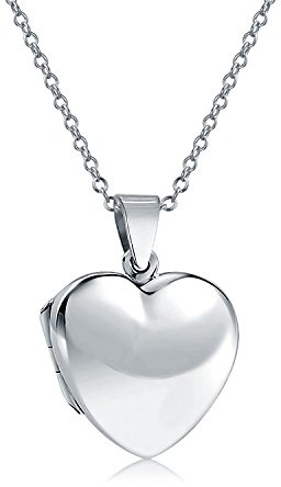 Bling Jewelry Collares con colgante de medallón en forma de corazón simple y liso para mujeres que guardan fotos, pulido en plata .925.