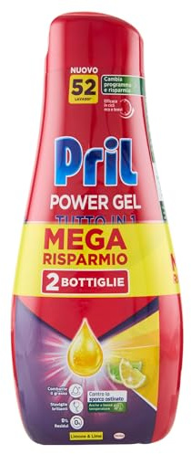 Pril Gel All In One Limone & Lime, Detersivo Lavastoviglie Liquido Multi-Azione Sporco Difficile, 2 Confezioni x 52 Lavaggi (104 lavaggi)
