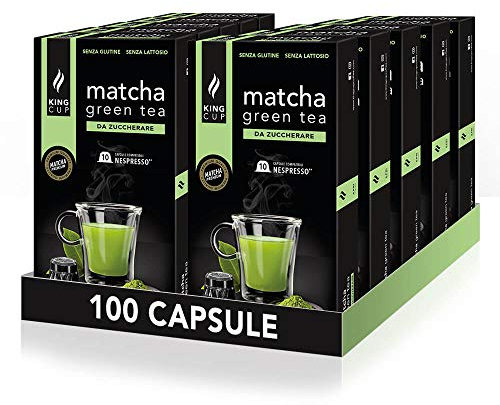 King Cup - 10 Paquets de 10 Capsules de Thé Matcha Sans Sucre, 100 Capsules 100% Compatible avec le Système Nespresso de Boisson Aromatisée Thé Matcha, Sans Gluten et Sans Lactose