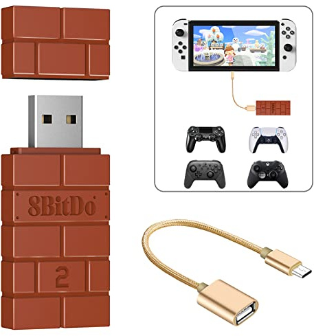 8Bitdo Wireless USB Adaptador 2, Bluetooth Receptor para Switch, Xbox One/Xbox Series X & S, PS5, PS4, PS3 Controlador on Switch OLED/Switch, PC, Android, Raspberry Pi,Retrofreak con cable OTG (Rojo)