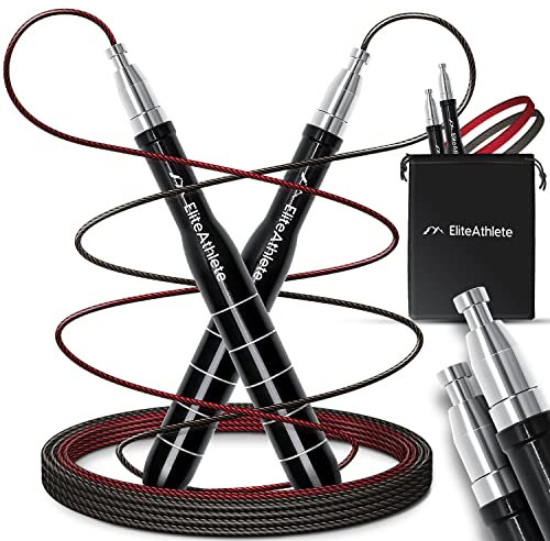 EliteAthlete Springseil Erwachsene - Speed Rope mit Ersatzseil - Profi Kugellager - Skipping Rope - Jump Rope - Fitness Boxen - Sprungseil Erwachsener inkl. Seilschoner + Tasche
