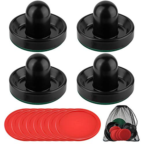 Coopay Air Hockey Pushers and Pucks, Air Hockey Paddles with Felt Bottoms, Goal Handles Paddles Replacement Accessories with a Drawstring Bag for Game Tables (4 Striker, 8 Red Puck Pack)