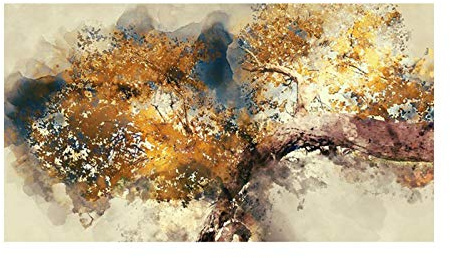 100% Cuadro pintado al óleo sobre lienzo con textura abstracta de árboles marrones con hojas amarillas, pintura artística de pared para decoración moderna del hogar,24x32inch