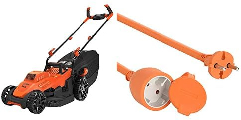 BLACK+DECKER Tondeuse Filaire 1400W, Tondeuse à Gazon Electrique 34 cm, 6 hauteurs réglables de 20, 30, 40, 50, 60 et 70 mm & Electraline 20857038F Prolongateur Jardin avec clapet 16 A 25 m Orange