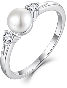 JO WISDOM Women Pearl Ring,925 Sterling Silver Engagement Ring Freshwater Pearl 3A Cubic Zirconia,Jewellery for Women,N