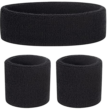 ONUPGO Barn svettband pannband armband set – atletisk bomull svettband för sport (1 pannband + 2 armband) (svart)