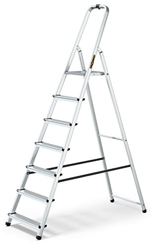 DRABEST Alu Leiter 7 Stufig Trittleiter Klappbar Haushaltsleiter, Stehleiter Belastbar bis 125 kg kostenloser Haken