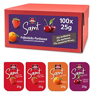 Schwartau Samt Portionen Mix-Box, Konfitüre Portionsschalen (50 x Erdbeere, 25 x Aprikose, 25 x zweierlei Kirsch), Großpackung, 100 x 25g