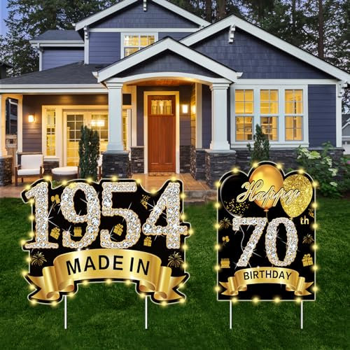 Puyruiv Gartenschild, Dekoration zum 70. Geburtstag, mit Lichterkette für Männer und Frauen, Happy 70th Birthday, hergestellt im Jahr 1954, Rasenschild, Partyzubehör, 70 Jahre alte