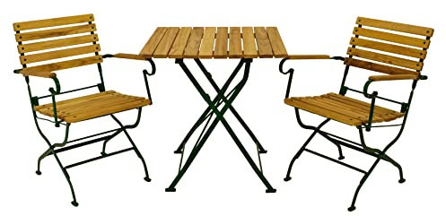 DEGAMO Garten Sitzgruppe Klappgarnitur Passau 3-teilig (2X Armlehnensessel, 1x Tisch eckig 70x70cm), Gestell Flachstahl dunkelgrün, Belattung Robinien Holz, Outdoor