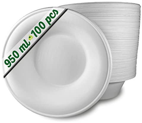 GoBeTree 100 Ciotole Usa e Getta in Polpa di Canna da Zucchero da 950 ml, Biodegradabili e Ultra Resistenti, Colore Bianco, Ideali per Feste, Colazioni e Ogni Evento Speciale, Perfette per la Casa.