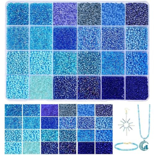 PH PandaHall 24000 Stück Glas Perlen für Armbänder, 2mm 12/0 Mini-Blaue Bastelperlen 24 Farben Kleine Ozean Meer Perlen Mini-Abstandsperlen für Taillenperlen Freundschaftsarmbänder Sommer Strand Weben