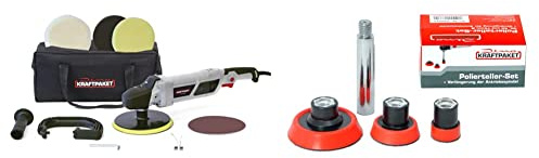 Bundle aus Dino KRAFTPAKET 1500W Rotations Poliermaschine 150mm + Stützteller Set 30mm, 50mm, 75mm mit Verlängerungsadapter (12-Stufig mit LCD-Display im Set mit Tasche & Zubehör)