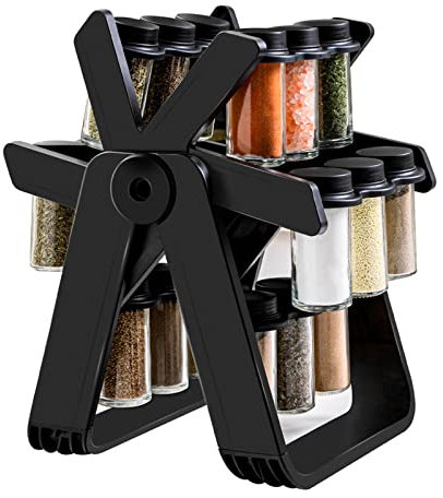 HYPIQQ Carosello delle spezie, tornello delle spezie a 360°, ripiano per Erbe e spezie con 18 barattoli di Vetro – giostra Rotante per Piano Cucina,Nero