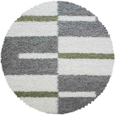 Carpettex Teppich Hochflor Teppich Wohnzimmer Shaggy Flokati Teppich Modern Kariert Design 200 cm Rund Grün - Teppich Schlafzimmer Weich Flauschig Waschbar Teppich Küche Esszimmer - Langflor Teppiche