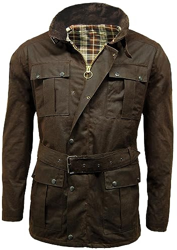 FAIRY BOUTIQUE Veste de motard Continental en coton ciré avec doublure tartan pour adulte avec ceinture et fermeture éclair, marron, L