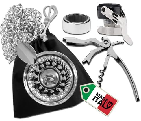 Euposia - Tastevin Sommelier Professionale - Kit Cromo - Conf. Completa di Catena appendicollo, Pochette Protettiva, Cavatappi Sommelier e Accessori
