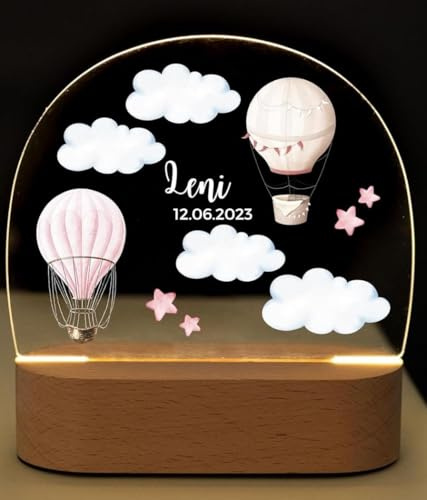 Bärenfreunde® - Personalisiertes Nachtlicht für Babys - Individuelle Nachttischlampe für Kinder - Personalisierte Geschenke Kinder - Babygeschenk - Geschenk zur Geburt (rosa Ballons)