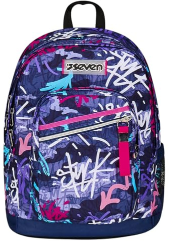 Seven Zaino Doppio Scomparto New Fit, GraffitiMix, Viola, Tasca Porta Borraccia, Maxi Capienza, Schienale Preformato, Zaino Scuola e Viaggio, Bambini e Ragazzi
