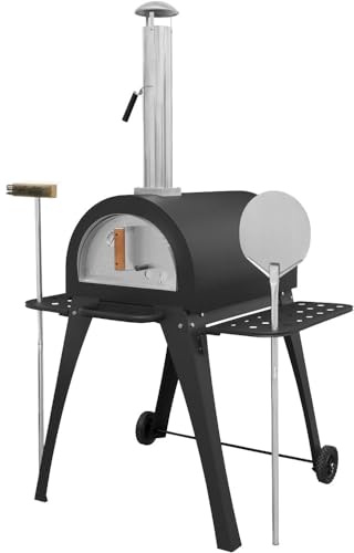 14 Outdoor Wood-Fired Pizza Oven & Smoker - Black Steel - Side Shelves & Stand