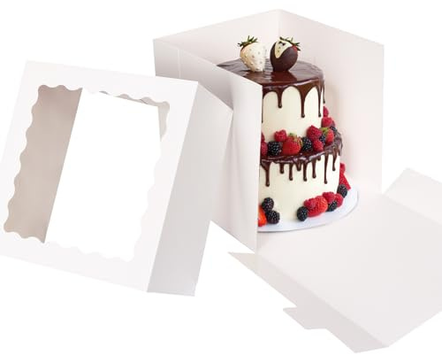 Moretoes 12 Pack Cake Boxes, 12x12x12 Inch Cake Box with Window for Tier Cakes, Sturdy Tall Cake Carrier with Lids, Disposable Containers for Valentine's Day, Mother's Day, Wedding, Birthday, Party