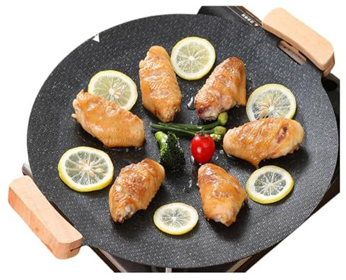 Bistecchiera antiaderente, fry top tonda, piano cottura a induzione, eco-antiaderente, senza PFOA, manici in legno rimovibili, vetroceramica, gas, padella, grill, fondo a induzione, adatta a tutti i t