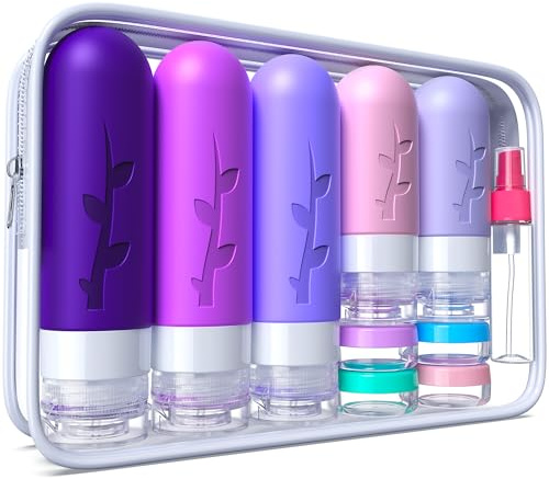 Aeomni Paquete de 19 botellas de viaje para artículos de tocador, recipientes de silicona aprobados por la TSA, para artículos de tocador, a prueba de fugas, recargables, accesorios de viaje para