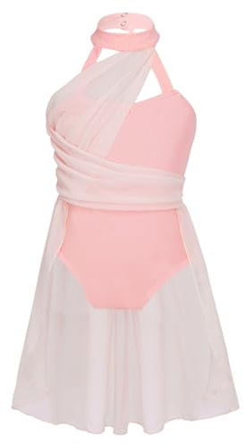 Riismen Kids Girls Ballet Lyrical Dance Dress Halter Cutout Back Leotard Chiffon Tailskirts Dancewear Pink 9-10 Years