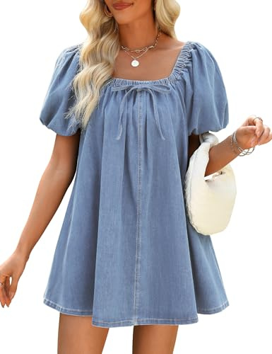 Fengbay Denim Dresses for Women UK, Ladies Puff Short Sleeve Casual Jean Dress Square Neck Denim Dresses with Pockets