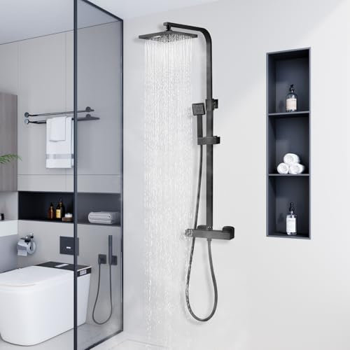Columna de Ducha Termostática, con Ducha de Techo Cuadrado de 20 cm, Sistema de Ducha Termostático de 38 °C, Columna de Ducha Negra Ajustable Altura Entre