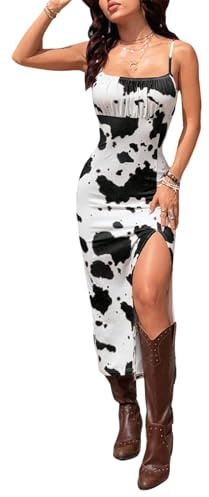 Verdusa Women's Cowgirl Dress Western Outfit Boho Bodycon Long Slit Thigh Cami Dresses Black and White X-Large