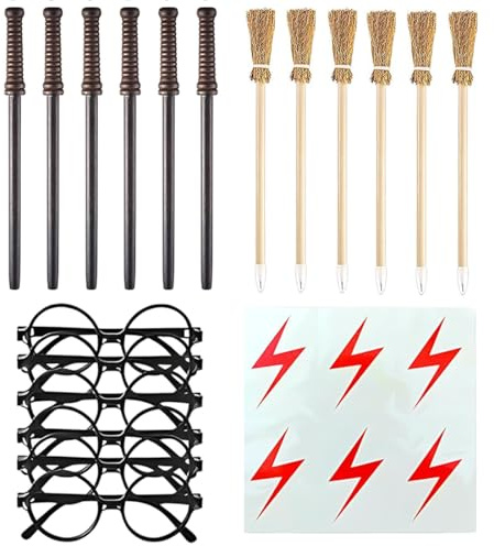 LACHT - Juego de 24 lápices de varita mágica y escoba de bruja con tatuajes temporales de rayos y gafas de mago sin lentes para Halloween, cumpleaños, fiestas de cosplay (6 piezas de cada uno)